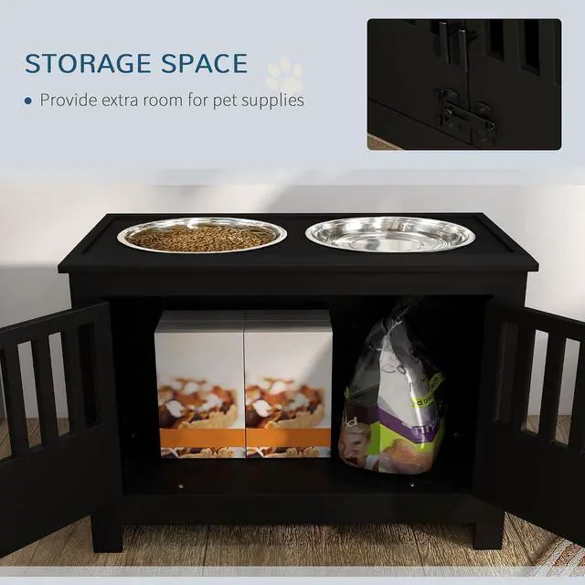 Alt view image 4 of 7 - PawHut Large Elevated Dog Bowls with Storage Cabinet - 37L Capacity, Raised Dog Bowl Stand Feeding Station, Black | Raised Dog Bowl Stand Pet Food Bowl Dog Feeding Station