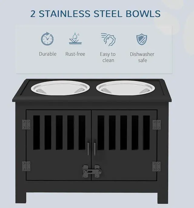 Alt view image 3 of 7 - PawHut Large Elevated Dog Bowls with Storage Cabinet - 37L Capacity, Raised Dog Bowl Stand Feeding Station, Black | Raised Dog Bowl Stand Pet Food Bowl Dog Feeding Station