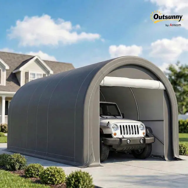 Alt view image 2 of 7 - 10' x 16' Carport Heavy Duty Portable Garage Storage Tent Gray | Large Zippered Door, Anti-UV PE Canopy Cover, for Car Truck Boat Motorcycle Bike, Garden Tools, Outdoor Work