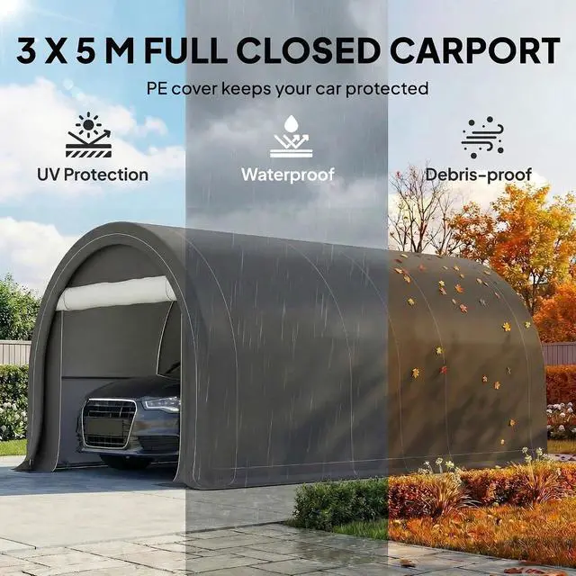 Alt view image 3 of 7 - 10' x 16' Carport Heavy Duty Portable Garage Storage Tent Gray | Large Zippered Door, Anti-UV PE Canopy Cover, for Car Truck Boat Motorcycle Bike, Garden Tools, Outdoor Work