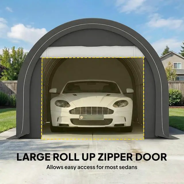 Alt view image 4 of 7 - 10' x 16' Carport Heavy Duty Portable Garage Storage Tent Gray | Large Zippered Door, Anti-UV PE Canopy Cover, for Car Truck Boat Motorcycle Bike, Garden Tools, Outdoor Work