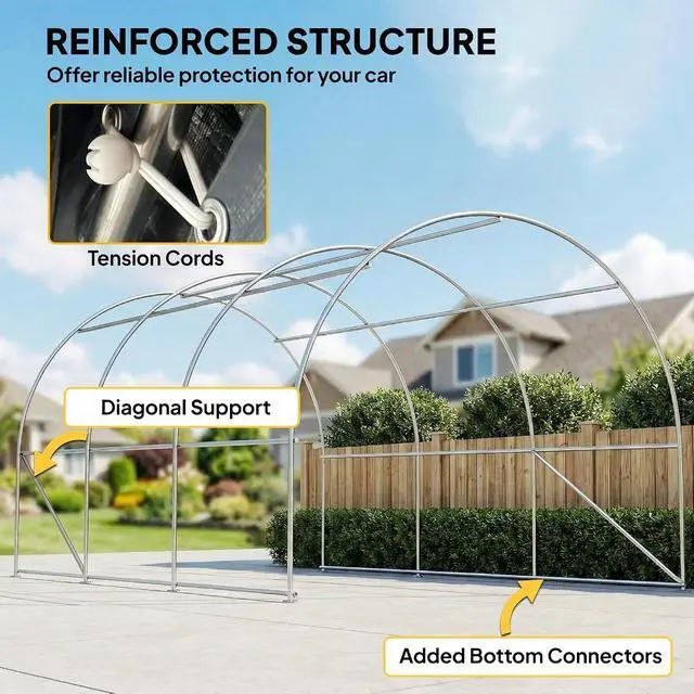 Alt view image 5 of 7 - 10' x 16' Carport Heavy Duty Portable Garage Storage Tent Gray | Large Zippered Door, Anti-UV PE Canopy Cover, for Car Truck Boat Motorcycle Bike, Garden Tools, Outdoor Work