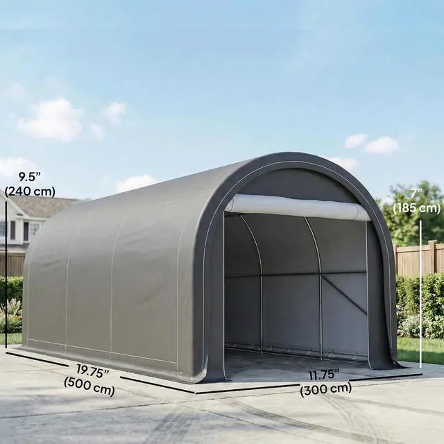 Alt view image 7 of 7 - 10' x 16' Carport Heavy Duty Portable Garage Storage Tent Gray | Large Zippered Door, Anti-UV PE Canopy Cover, for Car Truck Boat Motorcycle Bike, Garden Tools, Outdoor Work