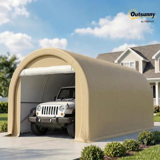 Alt view image 2 of 7 - 10' x 16' Carport Heavy Duty Portable Garage Storage Tent Beige | Large Zippered Door, Anti-UV PE Canopy Cover, for Car Truck Boat Motorcycle Bike, Garden Tools, Outdoor Work
