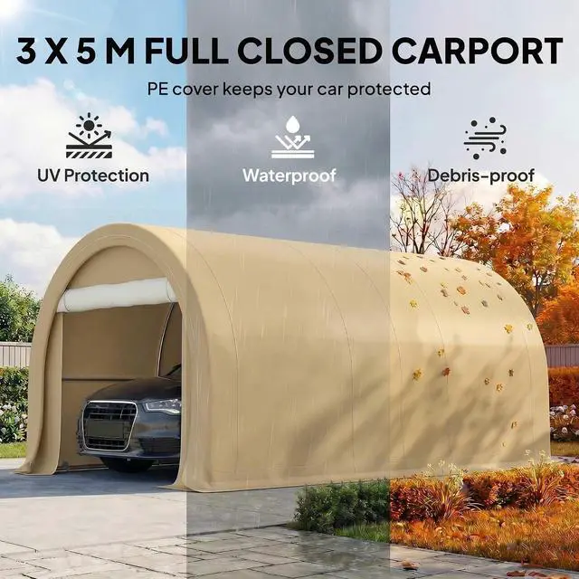 Alt view image 3 of 7 - 10' x 16' Carport Heavy Duty Portable Garage Storage Tent Beige | Large Zippered Door, Anti-UV PE Canopy Cover, for Car Truck Boat Motorcycle Bike, Garden Tools, Outdoor Work