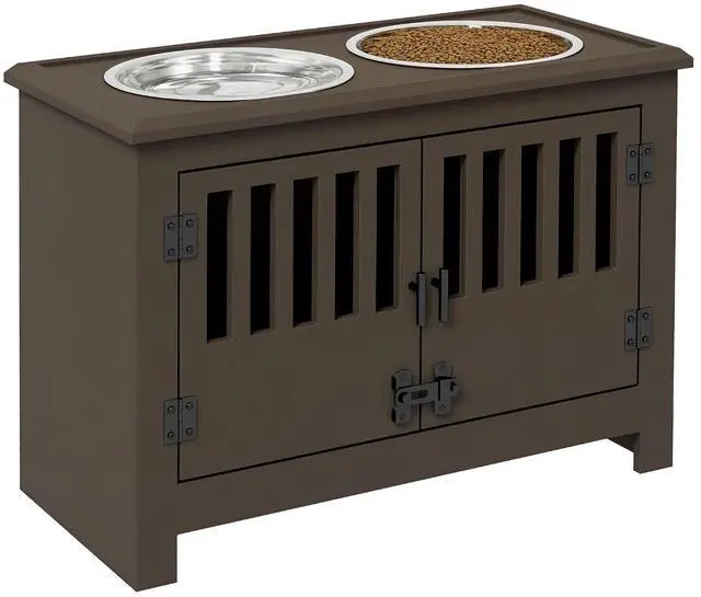 Main image of PawHut Large Elevated Dog Bowls with Storage Cabinet - 37L Capacity, Raised Dog Bowl Stand Feeding Station, Espresso | Raised Dog Bowl Stand Pet Food Bowl Dog Feeding Station