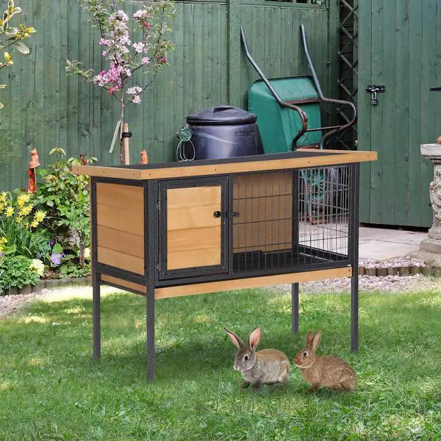 Alt view image 2 of 7 - PawHut Rabbit Hutch Elevated Bunny Cage Metal Frame No Leak Tray Natural | Small Animal Habitat, Metal Wire Pan, Openable Water-Resistant Asphalt Roof, for Rabbits Chickens Ducks, Indoor/Outdoor