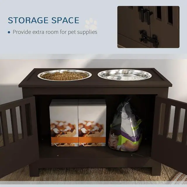 Alt view image 4 of 7 - PawHut Large Elevated Dog Bowls with Storage Cabinet - 37L Capacity, Raised Dog Bowl Stand Feeding Station, Espresso | Raised Dog Bowl Stand Pet Food Bowl Dog Feeding Station