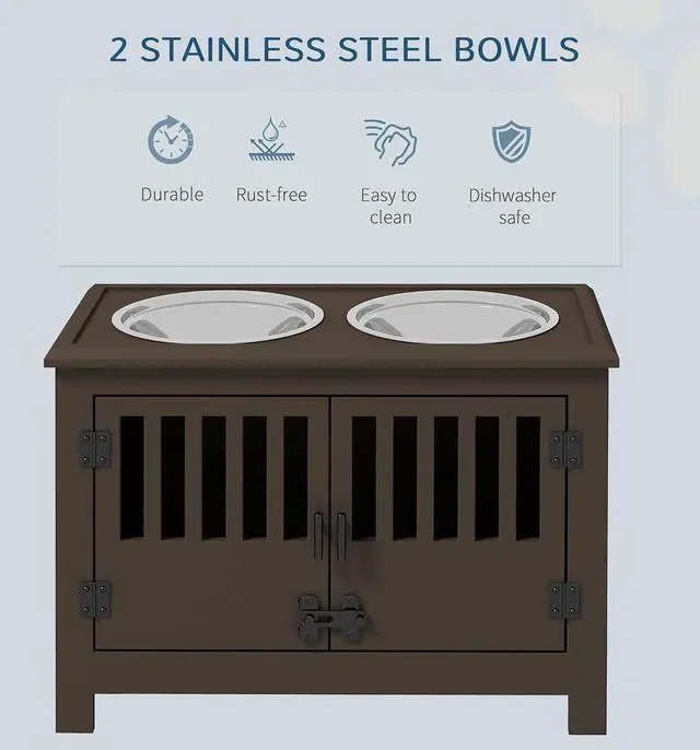 Alt view image 3 of 7 - PawHut Large Elevated Dog Bowls with Storage Cabinet - 37L Capacity, Raised Dog Bowl Stand Feeding Station, Espresso | Raised Dog Bowl Stand Pet Food Bowl Dog Feeding Station