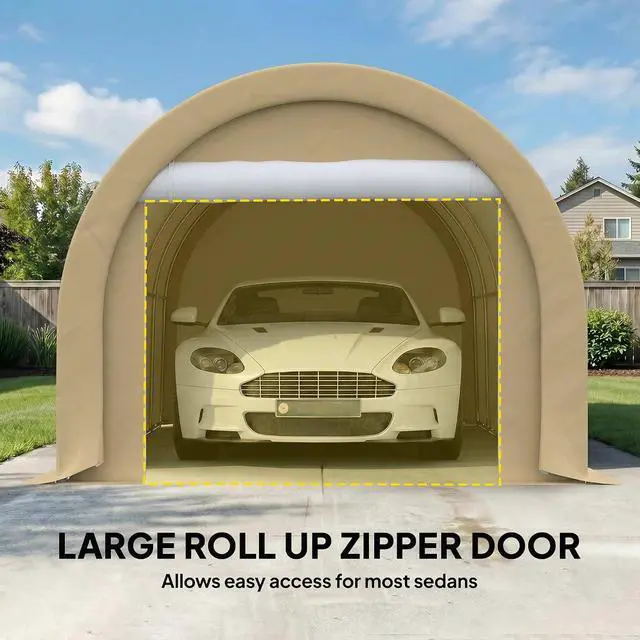 Alt view image 4 of 7 - 10' x 16' Carport Heavy Duty Portable Garage Storage Tent Beige | Large Zippered Door, Anti-UV PE Canopy Cover, for Car Truck Boat Motorcycle Bike, Garden Tools, Outdoor Work