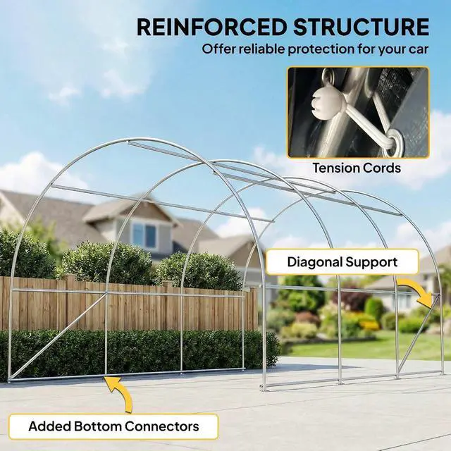 Alt view image 5 of 7 - 10' x 16' Carport Heavy Duty Portable Garage Storage Tent Beige | Large Zippered Door, Anti-UV PE Canopy Cover, for Car Truck Boat Motorcycle Bike, Garden Tools, Outdoor Work