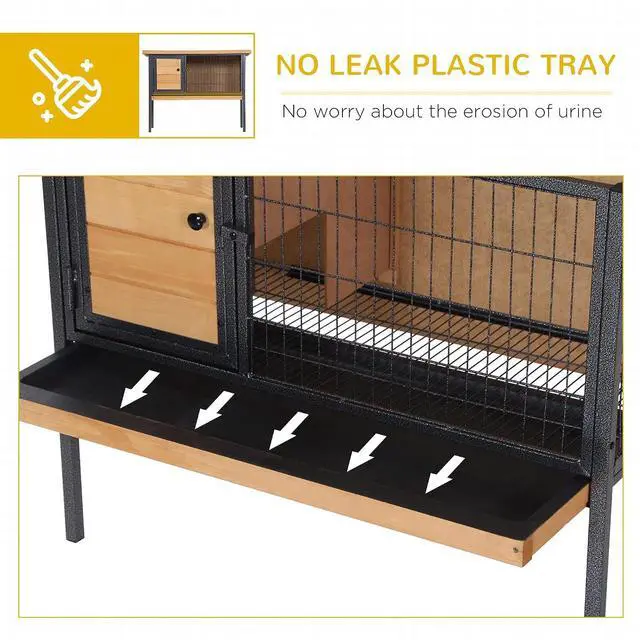 Alt view image 5 of 7 - PawHut Rabbit Hutch Elevated Bunny Cage Metal Frame No Leak Tray Natural | Small Animal Habitat, Metal Wire Pan, Openable Water-Resistant Asphalt Roof, for Rabbits Chickens Ducks, Indoor/Outdoor