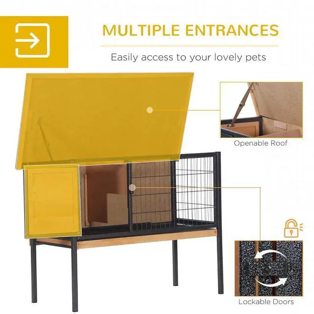 Alt view image 4 of 7 - PawHut Rabbit Hutch Elevated Bunny Cage Metal Frame No Leak Tray Natural | Small Animal Habitat, Metal Wire Pan, Openable Water-Resistant Asphalt Roof, for Rabbits Chickens Ducks, Indoor/Outdoor