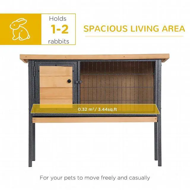 Alt view image 3 of 7 - PawHut Rabbit Hutch Elevated Bunny Cage Metal Frame No Leak Tray Natural | Small Animal Habitat, Metal Wire Pan, Openable Water-Resistant Asphalt Roof, for Rabbits Chickens Ducks, Indoor/Outdoor