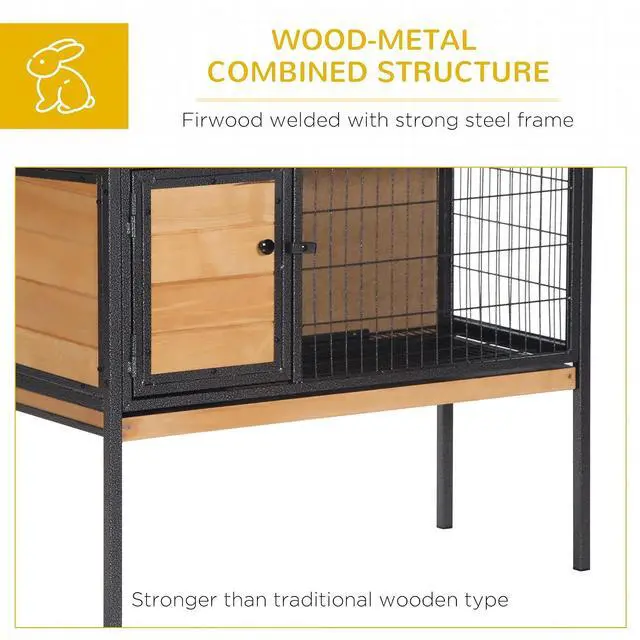 Alt view image 6 of 7 - PawHut Rabbit Hutch Elevated Bunny Cage Metal Frame No Leak Tray Natural | Small Animal Habitat, Metal Wire Pan, Openable Water-Resistant Asphalt Roof, for Rabbits Chickens Ducks, Indoor/Outdoor
