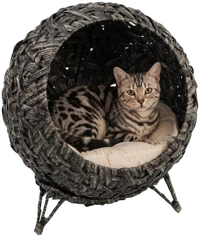 Main image of PawHut Rattan Cat Bed Elevated Handwoven Cat Basket Bed for Kittens Gray | Soft Cushion, Metal Base, Indoor Kitty Furniture, Breathable