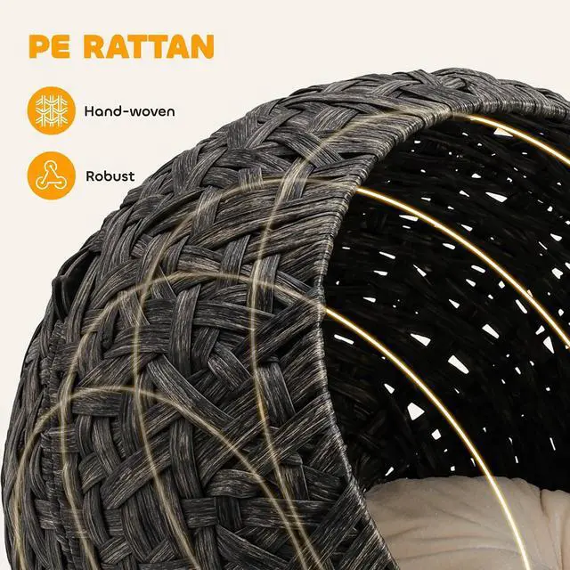 Alt view image 3 of 7 - PawHut Rattan Cat Bed Elevated Handwoven Cat Basket Bed for Kittens Gray | Soft Cushion, Metal Base, Indoor Kitty Furniture, Breathable