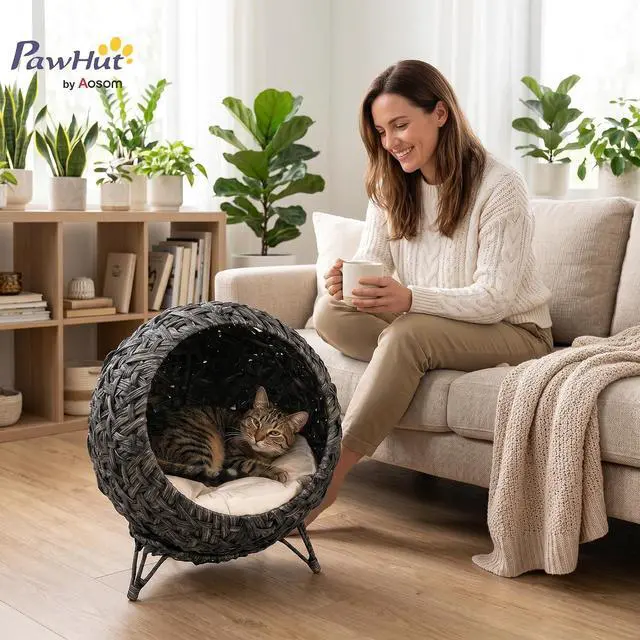 Alt view image 2 of 7 - PawHut Rattan Cat Bed Elevated Handwoven Cat Basket Bed for Kittens Gray | Soft Cushion, Metal Base, Indoor Kitty Furniture, Breathable