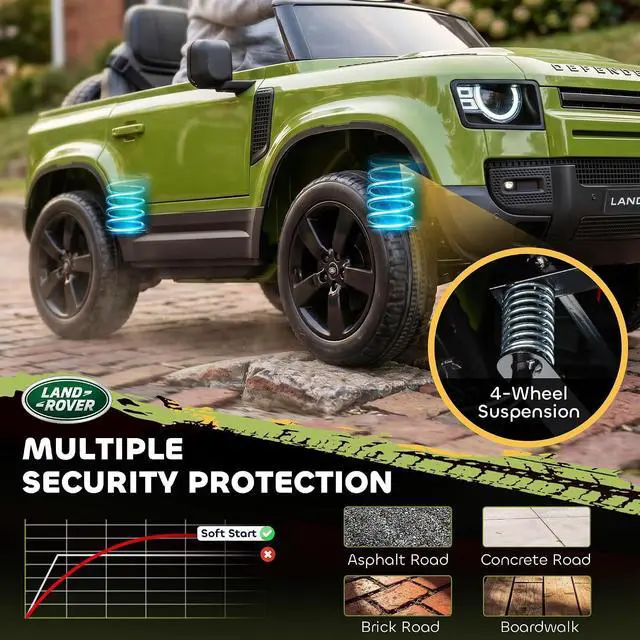 Alt view image 4 of 7 - Qaba 12V Ride on Car Licensed Land Rover Defender Kids Electric Car Green | Remote Control, 4-Wheel Suspension, Slow Start, 3 Speeds, Battery Powered Vehicle, Lights, Music, Horn, Ages 3-5