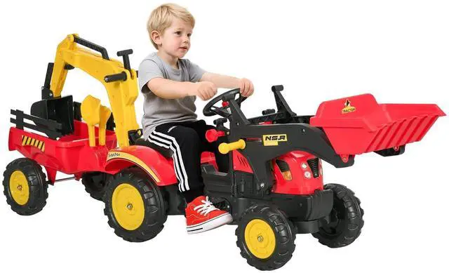 Main image of 3 in1 Kids Ride On Excavator/Bulldozer Move Forward/Back 6 Wheels | Pedal Car Digger Toy, Detachable Cargo Trailer