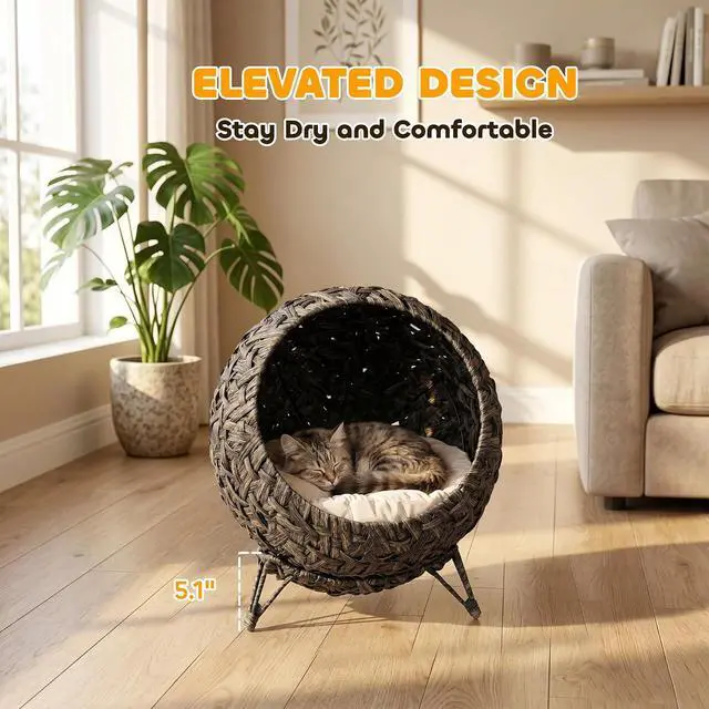 Alt view image 6 of 7 - PawHut Rattan Cat Bed Elevated Handwoven Cat Basket Bed for Kittens Gray | Soft Cushion, Metal Base, Indoor Kitty Furniture, Breathable