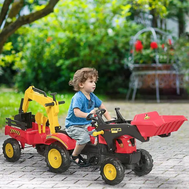 Alt view image 2 of 7 - 3 in1 Kids Ride On Excavator/Bulldozer Move Forward/Back 6 Wheels | Pedal Car Digger Toy, Detachable Cargo Trailer