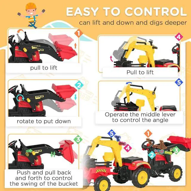 Alt view image 5 of 7 - 3 in1 Kids Ride On Excavator/Bulldozer Move Forward/Back 6 Wheels | Pedal Car Digger Toy, Detachable Cargo Trailer
