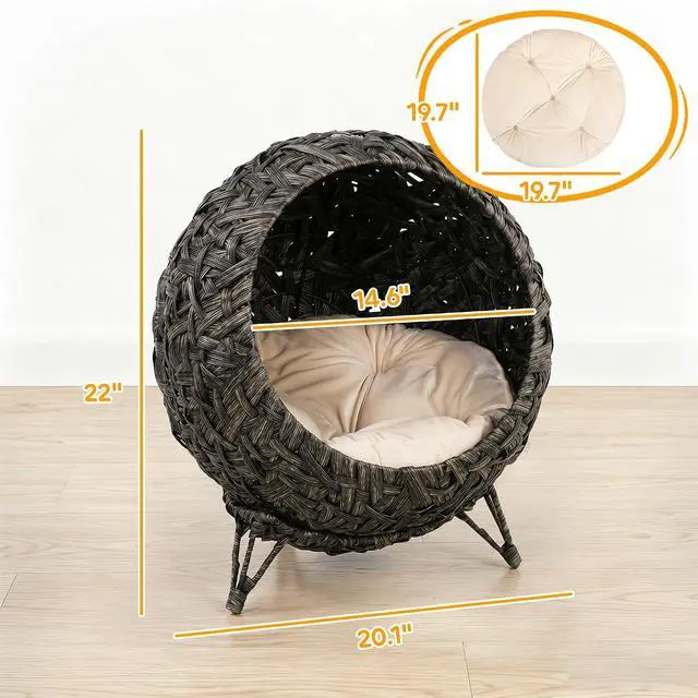 Alt view image 7 of 7 - PawHut Rattan Cat Bed Elevated Handwoven Cat Basket Bed for Kittens Gray | Soft Cushion, Metal Base, Indoor Kitty Furniture, Breathable