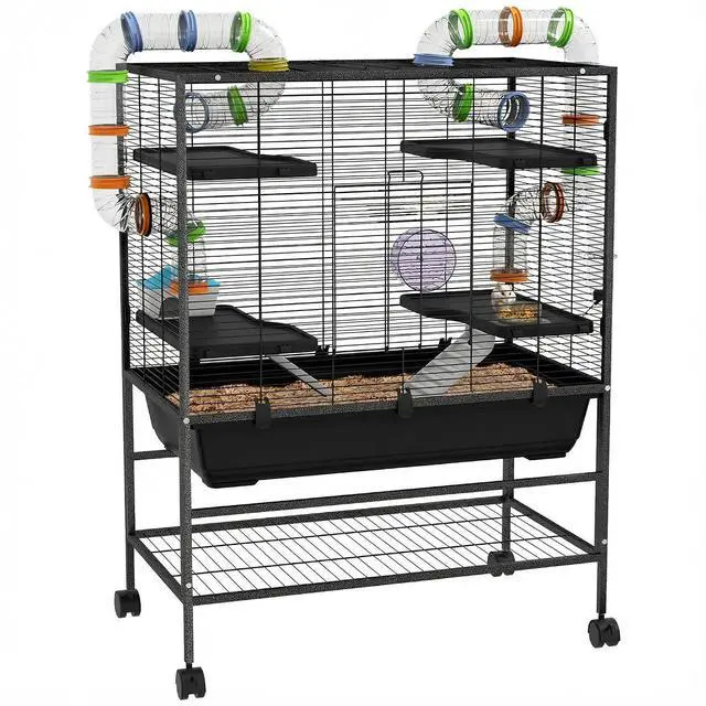 Main image of PawHut 32" Large Hamster Cage with Storage Shelf for Syrian Hamster, Tubes | Rat Cage, for Gerbils, Running Wheel, Food Dish, Water Bottle