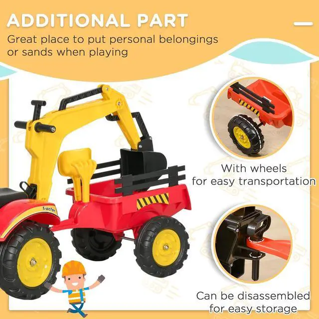 Alt view image 6 of 7 - 3 in1 Kids Ride On Excavator/Bulldozer Move Forward/Back 6 Wheels | Pedal Car Digger Toy, Detachable Cargo Trailer