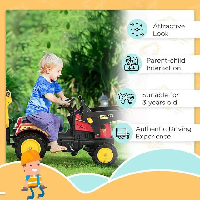 Alt view image 4 of 7 - 3 in1 Kids Ride On Excavator/Bulldozer Move Forward/Back 6 Wheels | Pedal Car Digger Toy, Detachable Cargo Trailer