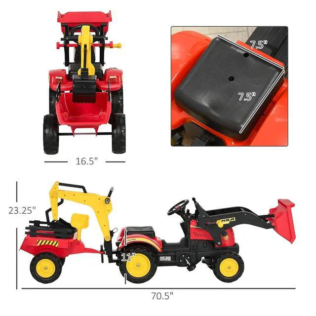 Alt view image 7 of 7 - 3 in1 Kids Ride On Excavator/Bulldozer Move Forward/Back 6 Wheels | Pedal Car Digger Toy, Detachable Cargo Trailer