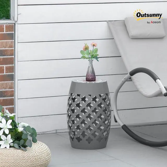 Alt view image 2 of 7 - Decorative Outdoor Stool, 12" Round Patio Side Table, Mosaic Gray | Accent Plant Stand, Garden, Balcony