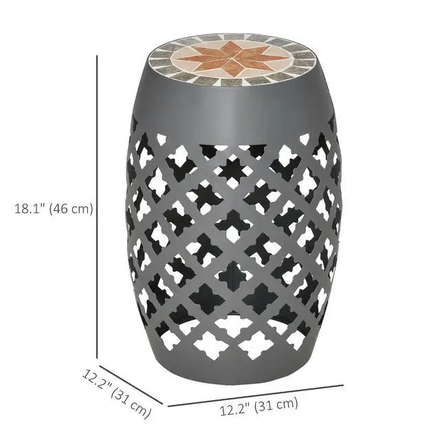 Alt view image 3 of 7 - Decorative Outdoor Stool, 12" Round Patio Side Table, Mosaic Gray | Accent Plant Stand, Garden, Balcony