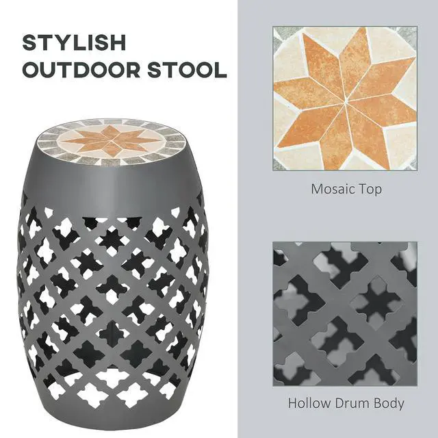 Alt view image 4 of 7 - Decorative Outdoor Stool, 12" Round Patio Side Table, Mosaic Gray | Accent Plant Stand, Garden, Balcony