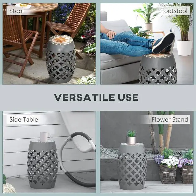 Alt view image 5 of 7 - Decorative Outdoor Stool, 12" Round Patio Side Table, Mosaic Gray | Accent Plant Stand, Garden, Balcony