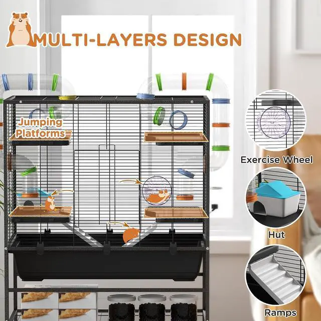 Alt view image 4 of 7 - PawHut 32" Large Hamster Cage with Storage Shelf for Syrian Hamster, Tubes | Rat Cage, for Gerbils, Running Wheel, Food Dish, Water Bottle