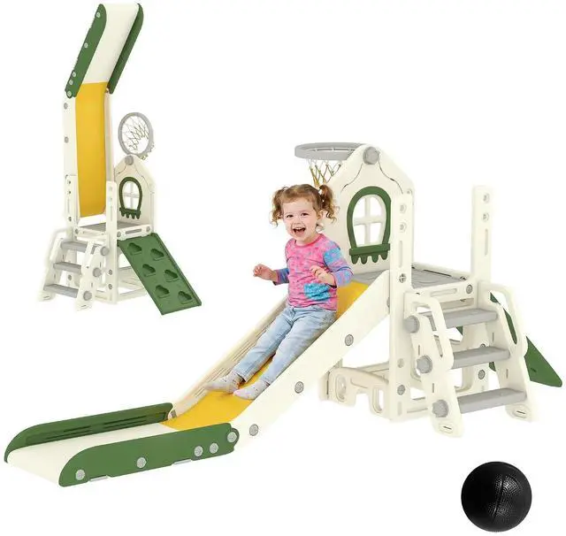 Main image of Qaba Toddler Slide Foldable 5 in 1 with Climber 1-3 Years Old Cream White | Kids Indoor Playset, Basketball Hoop, Storage Space and Basketball, Toddler Playground