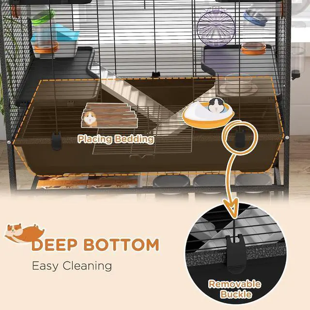 Alt view image 5 of 7 - PawHut 32" Large Hamster Cage with Storage Shelf for Syrian Hamster, Tubes | Rat Cage, for Gerbils, Running Wheel, Food Dish, Water Bottle