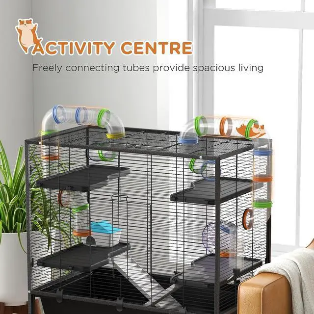 Alt view image 3 of 7 - PawHut 32" Large Hamster Cage with Storage Shelf for Syrian Hamster, Tubes | Rat Cage, for Gerbils, Running Wheel, Food Dish, Water Bottle