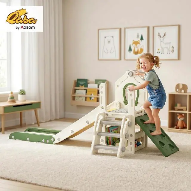 Alt view image 2 of 7 - Qaba Toddler Slide Foldable 5 in 1 with Climber 1-3 Years Old Cream White | Kids Indoor Playset, Basketball Hoop, Storage Space and Basketball, Toddler Playground