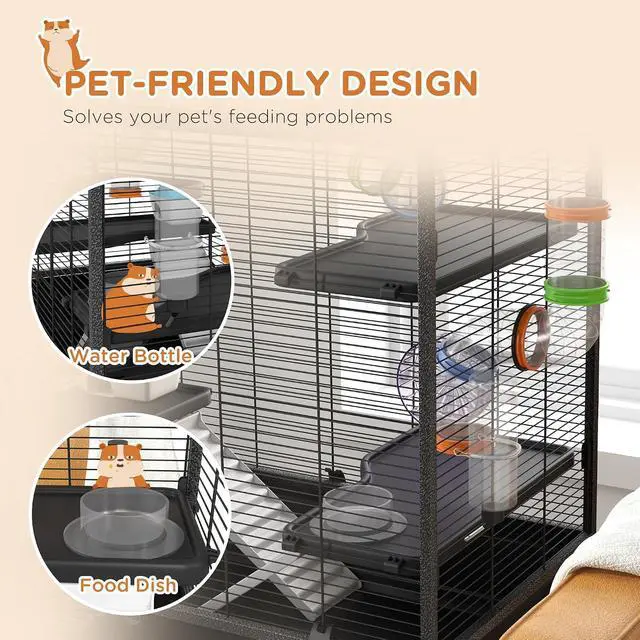 Alt view image 6 of 7 - PawHut 32" Large Hamster Cage with Storage Shelf for Syrian Hamster, Tubes | Rat Cage, for Gerbils, Running Wheel, Food Dish, Water Bottle