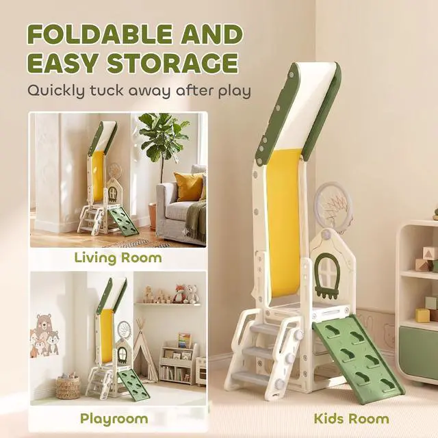 Alt view image 4 of 7 - Qaba Toddler Slide Foldable 5 in 1 with Climber 1-3 Years Old Cream White | Kids Indoor Playset, Basketball Hoop, Storage Space and Basketball, Toddler Playground
