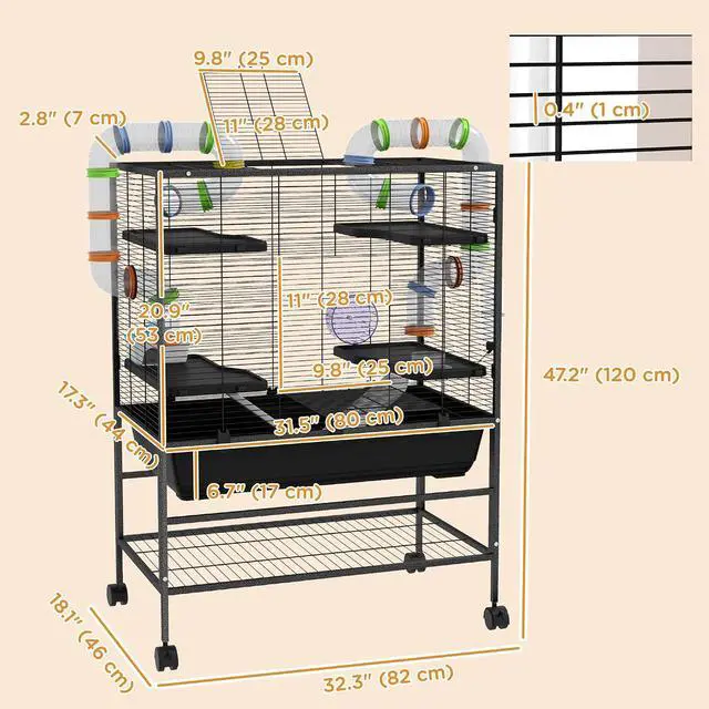 Alt view image 7 of 7 - PawHut 32" Large Hamster Cage with Storage Shelf for Syrian Hamster, Tubes | Rat Cage, for Gerbils, Running Wheel, Food Dish, Water Bottle