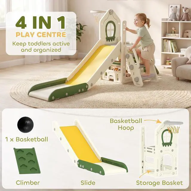 Alt view image 3 of 7 - Qaba Toddler Slide Foldable 5 in 1 with Climber 1-3 Years Old Cream White | Kids Indoor Playset, Basketball Hoop, Storage Space and Basketball, Toddler Playground