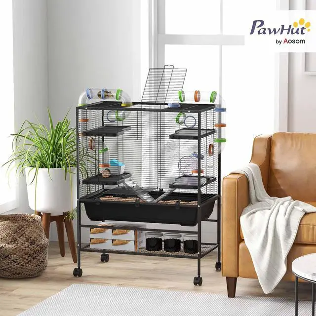 Alt view image 2 of 7 - PawHut 32" Large Hamster Cage with Storage Shelf for Syrian Hamster, Tubes | Rat Cage, for Gerbils, Running Wheel, Food Dish, Water Bottle