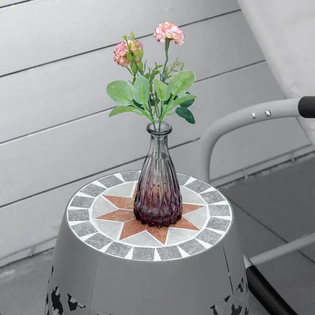 Alt view image 7 of 7 - Decorative Outdoor Stool, 12" Round Patio Side Table, Mosaic Gray | Accent Plant Stand, Garden, Balcony