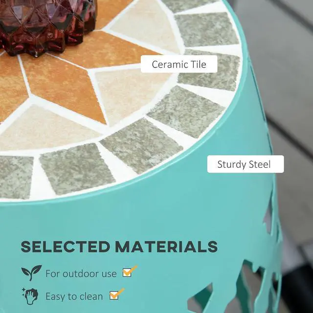 Alt view image 6 of 7 - Decorative Outdoor Stool, 12" Round Patio Side Table, Mosaic Blue | Accent Plant Stand, Garden, Balcony