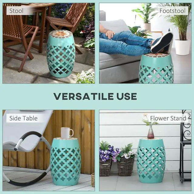 Alt view image 5 of 7 - Decorative Outdoor Stool, 12" Round Patio Side Table, Mosaic Blue | Accent Plant Stand, Garden, Balcony