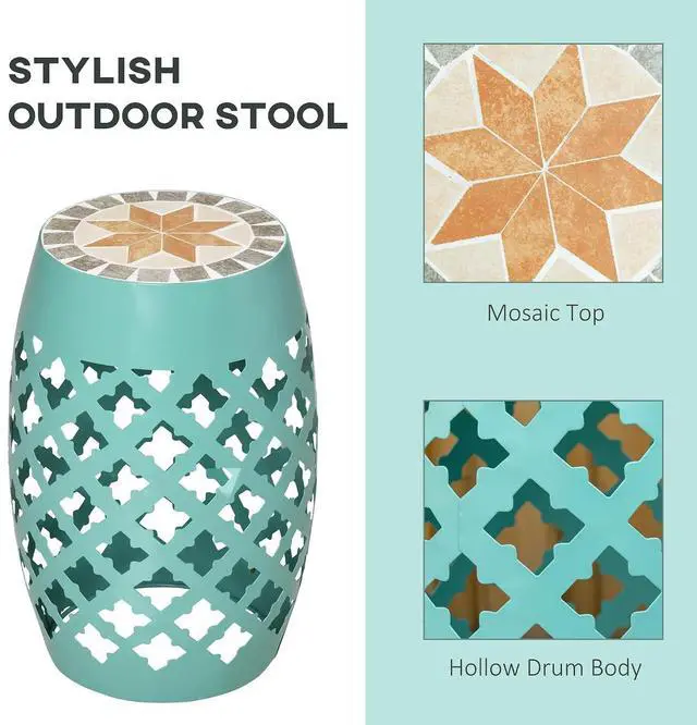 Alt view image 4 of 7 - Decorative Outdoor Stool, 12" Round Patio Side Table, Mosaic Blue | Accent Plant Stand, Garden, Balcony